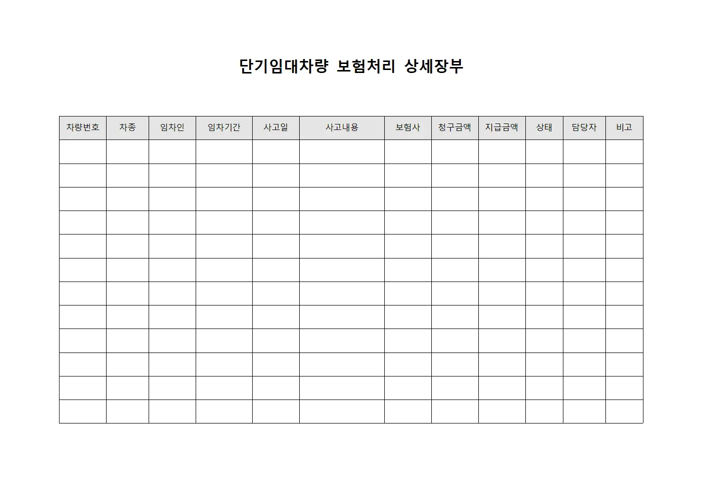단기임대차량 보험처리 상세장부 템플릿 서식
