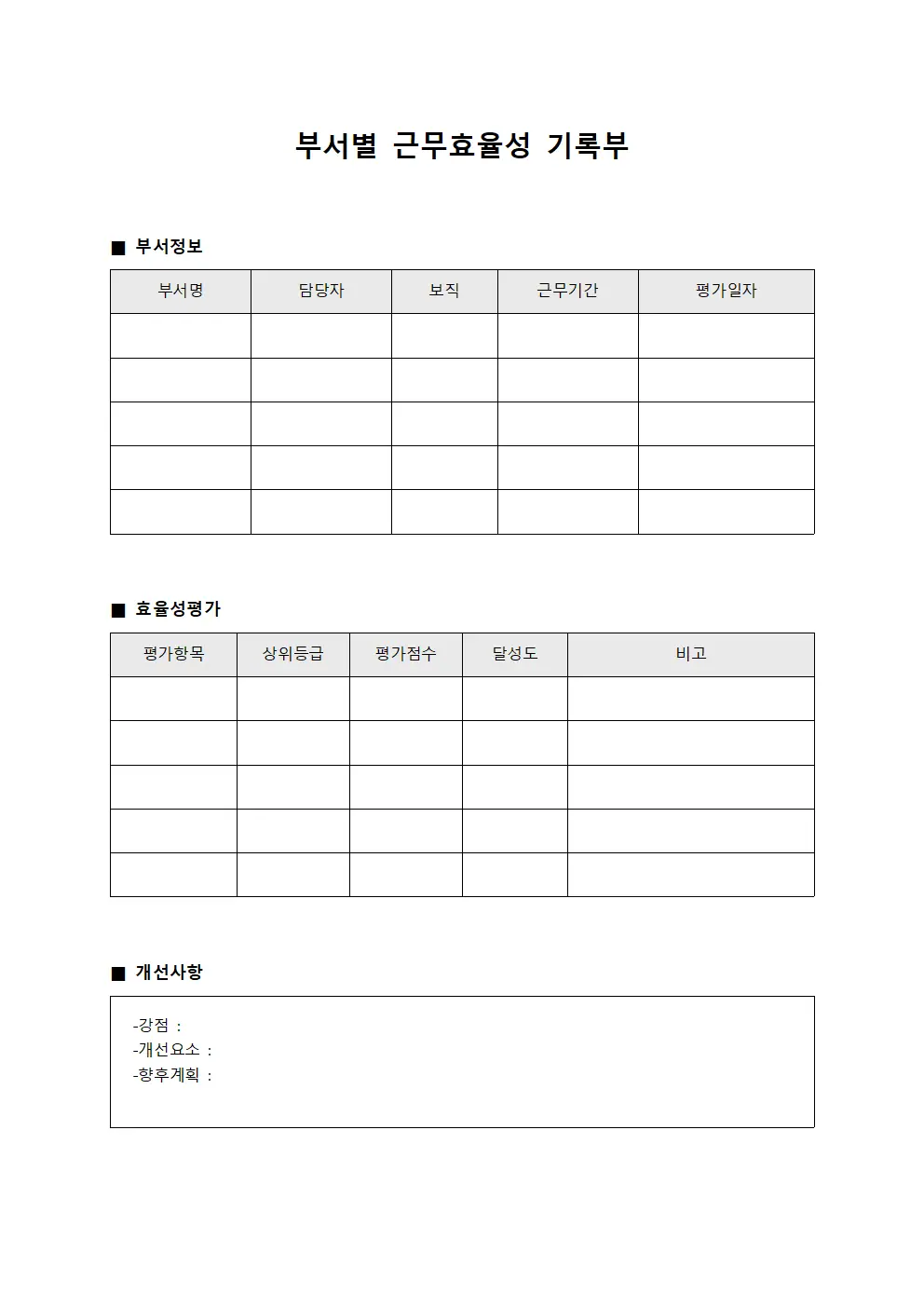 부서별 근무효율성 기록부