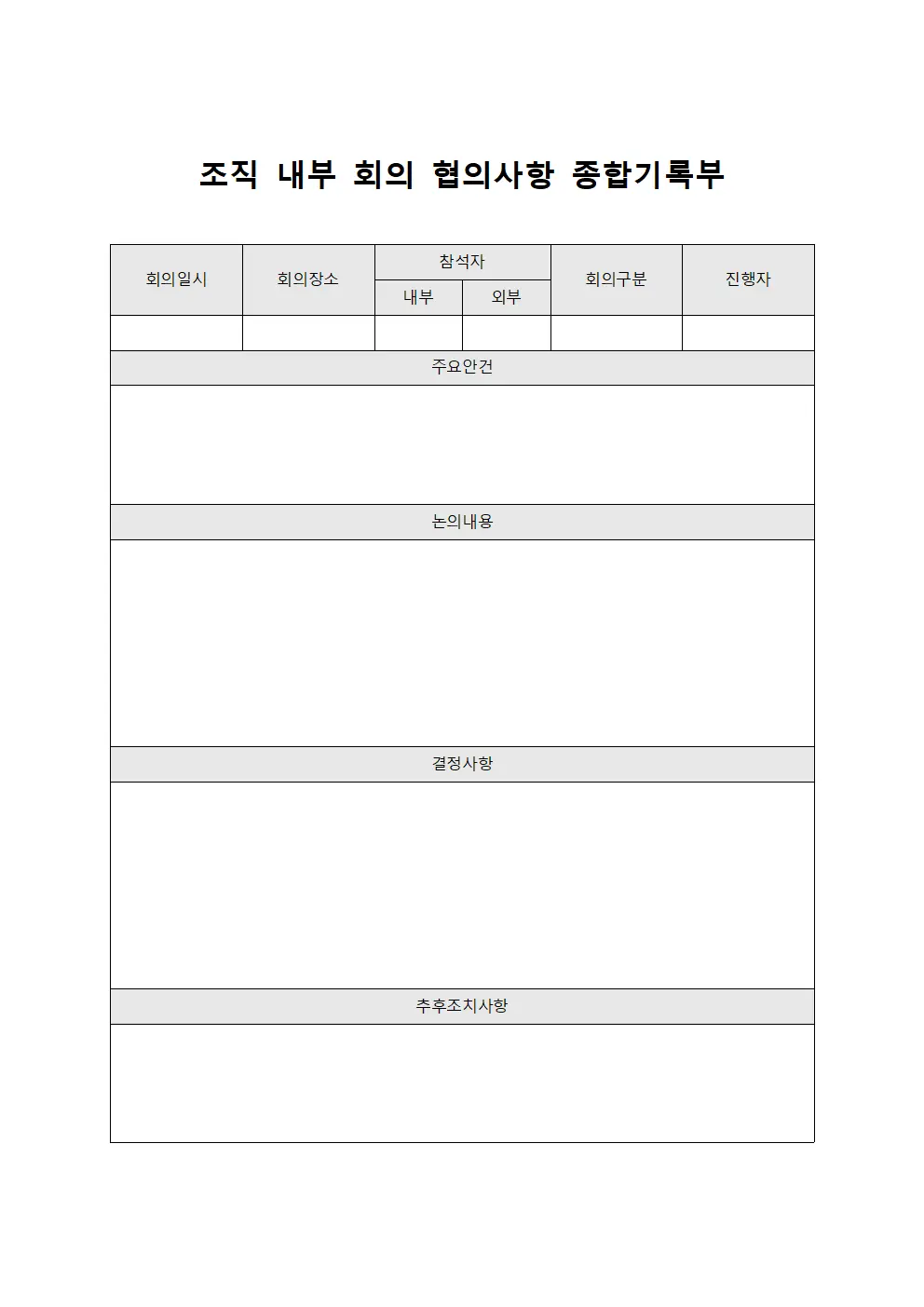 조직 내부 회의 협의사항 종합기록부