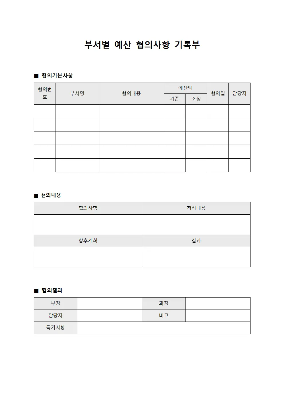 부서별 예산 협의사항 기록부