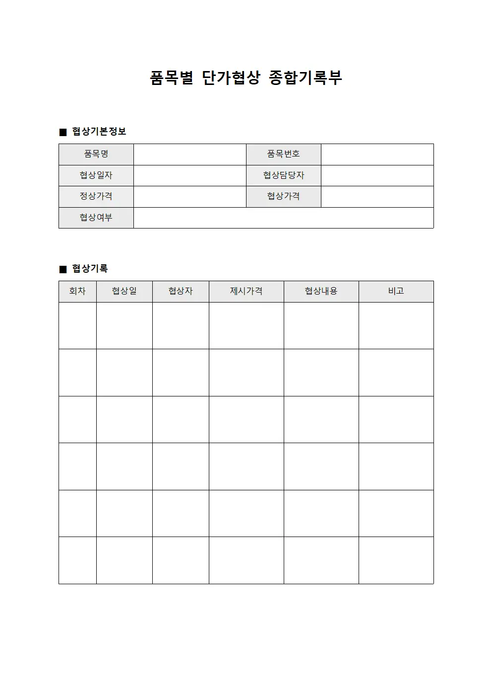 품목별 단가협상 종합기록부