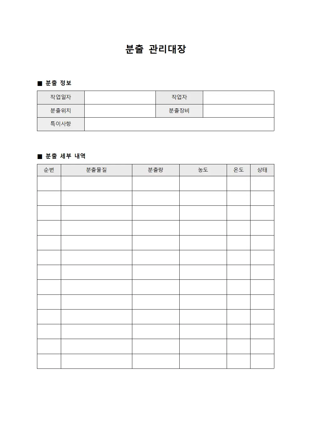 분출관리대장 (공정품질점검)