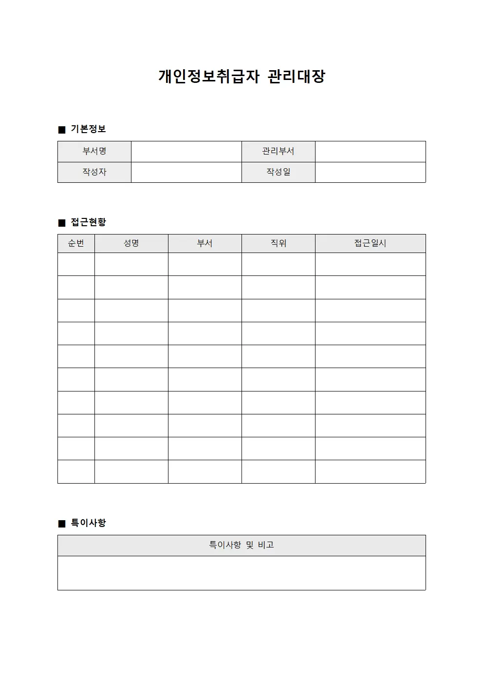 개인정보취급자관리대장 (접근현황)