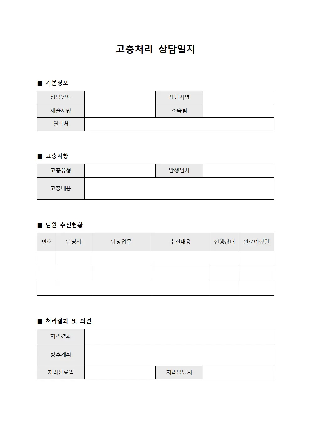 고충처리상담일지 (팀원 추진현황)