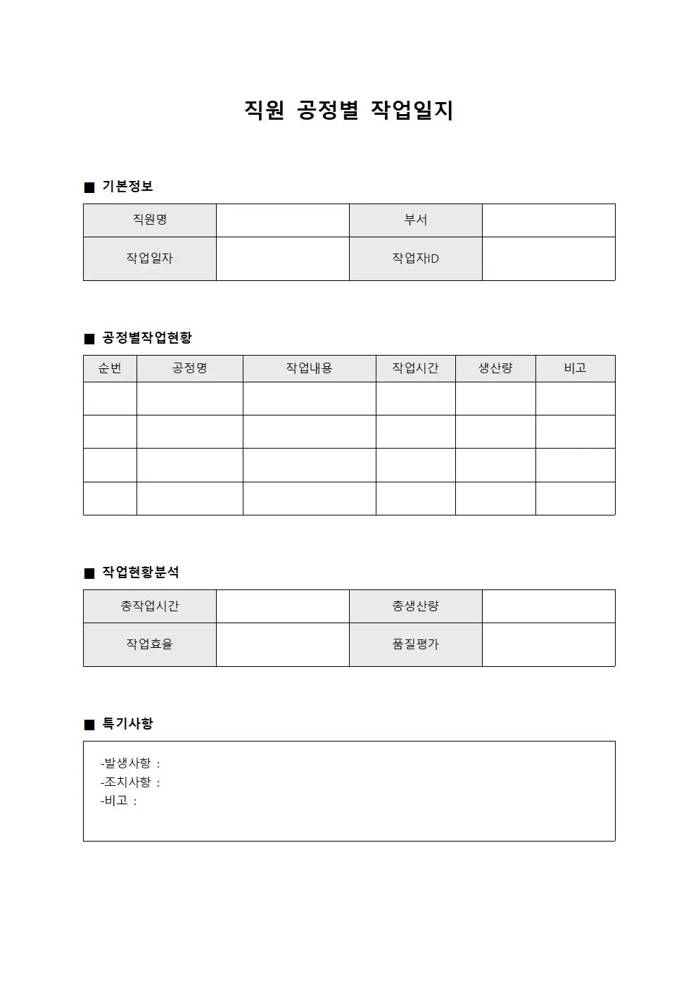 직원 공정별작업일지 통계표