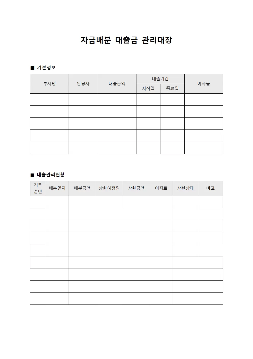 자금배분 대출금관리대장