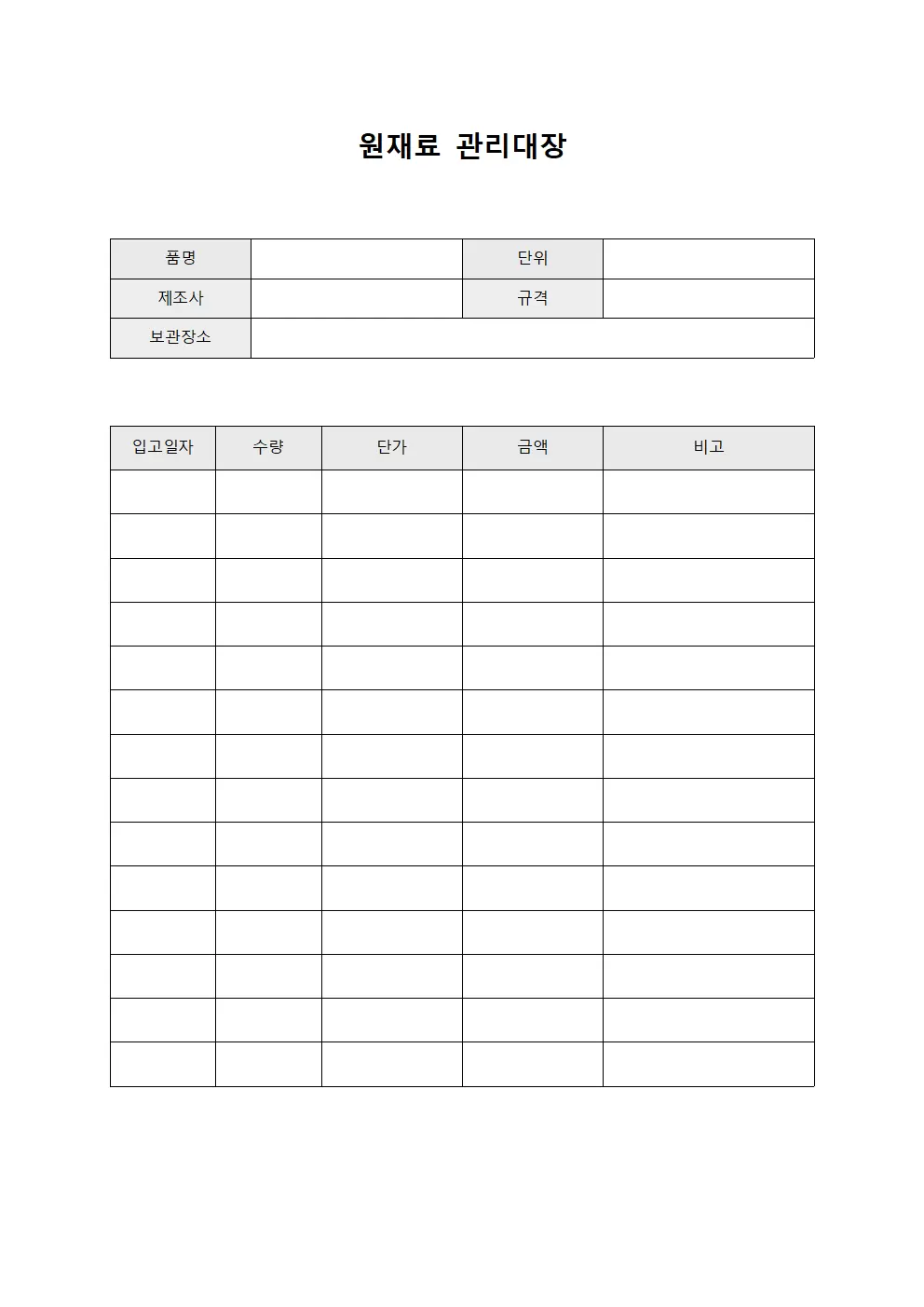 원재료관리대장 (공정별)