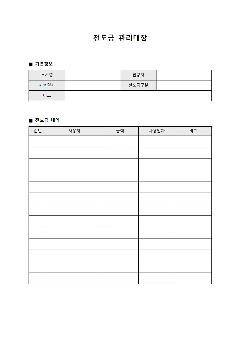 선금액현황 전도금관리대장
