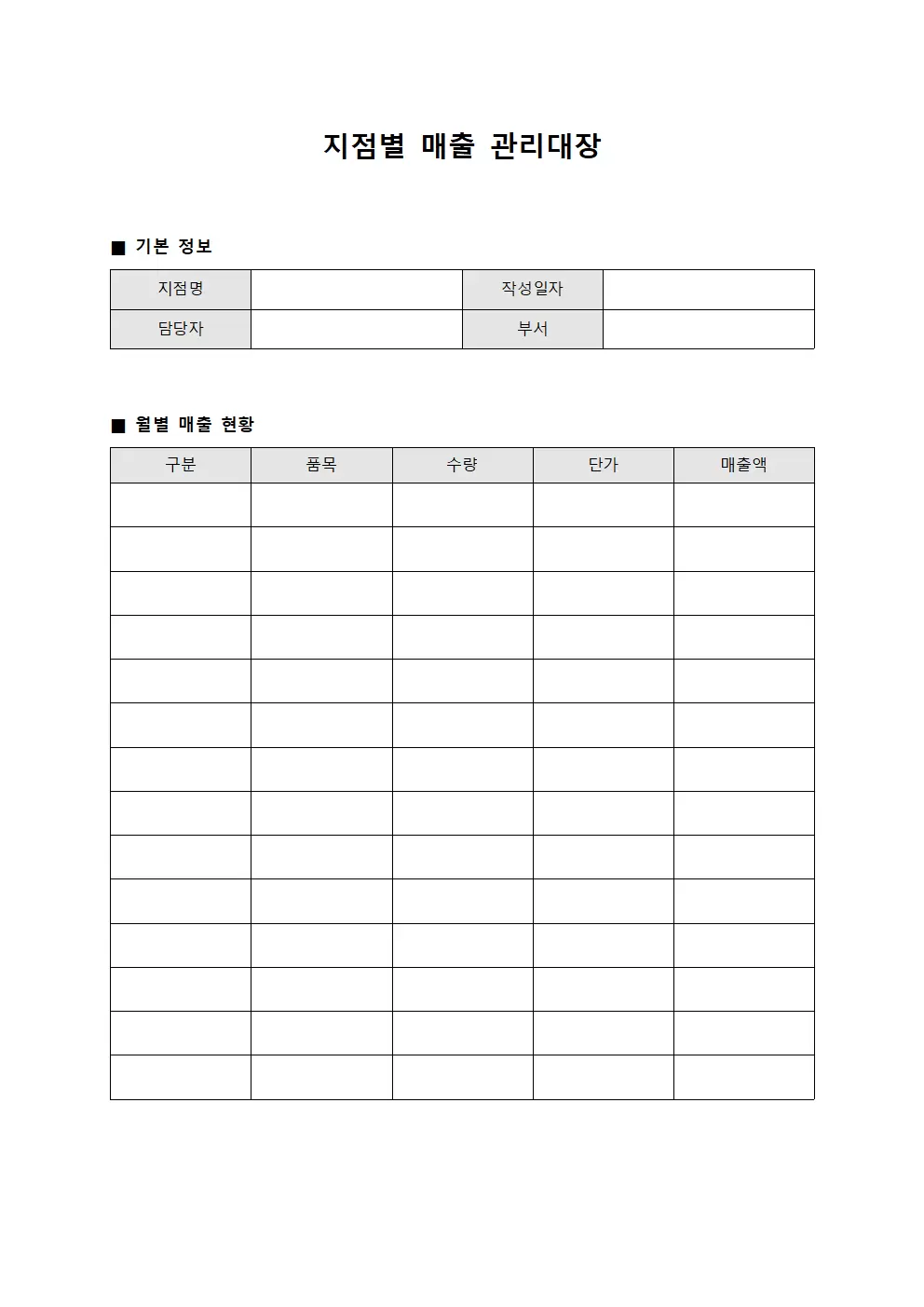 지점별매출관리대장 (부서별실적)