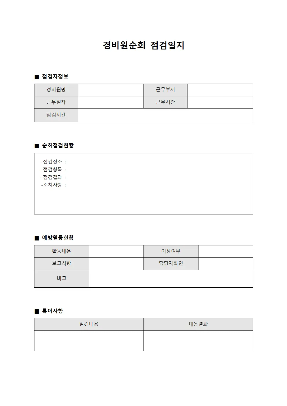 경비원순회점검일지 - 를통한예방활동현황