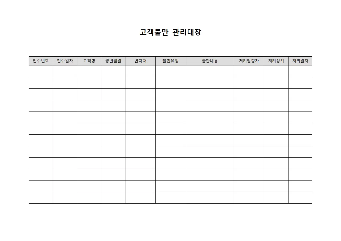 예약접수 고객불만관리대장 현황 서식