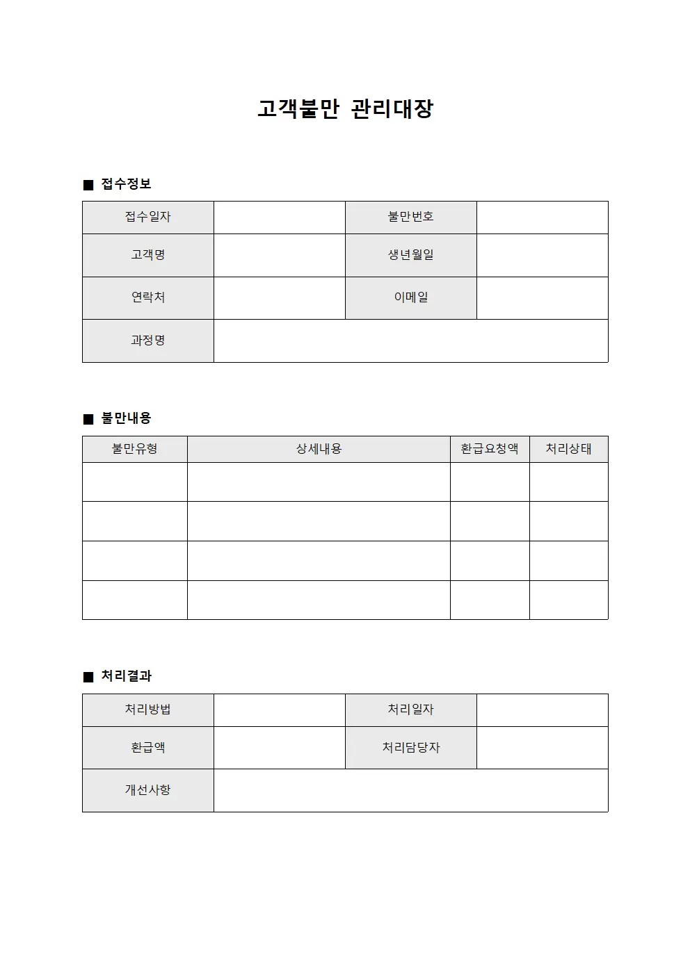수강료환급 고객불만관리대장 및 개선