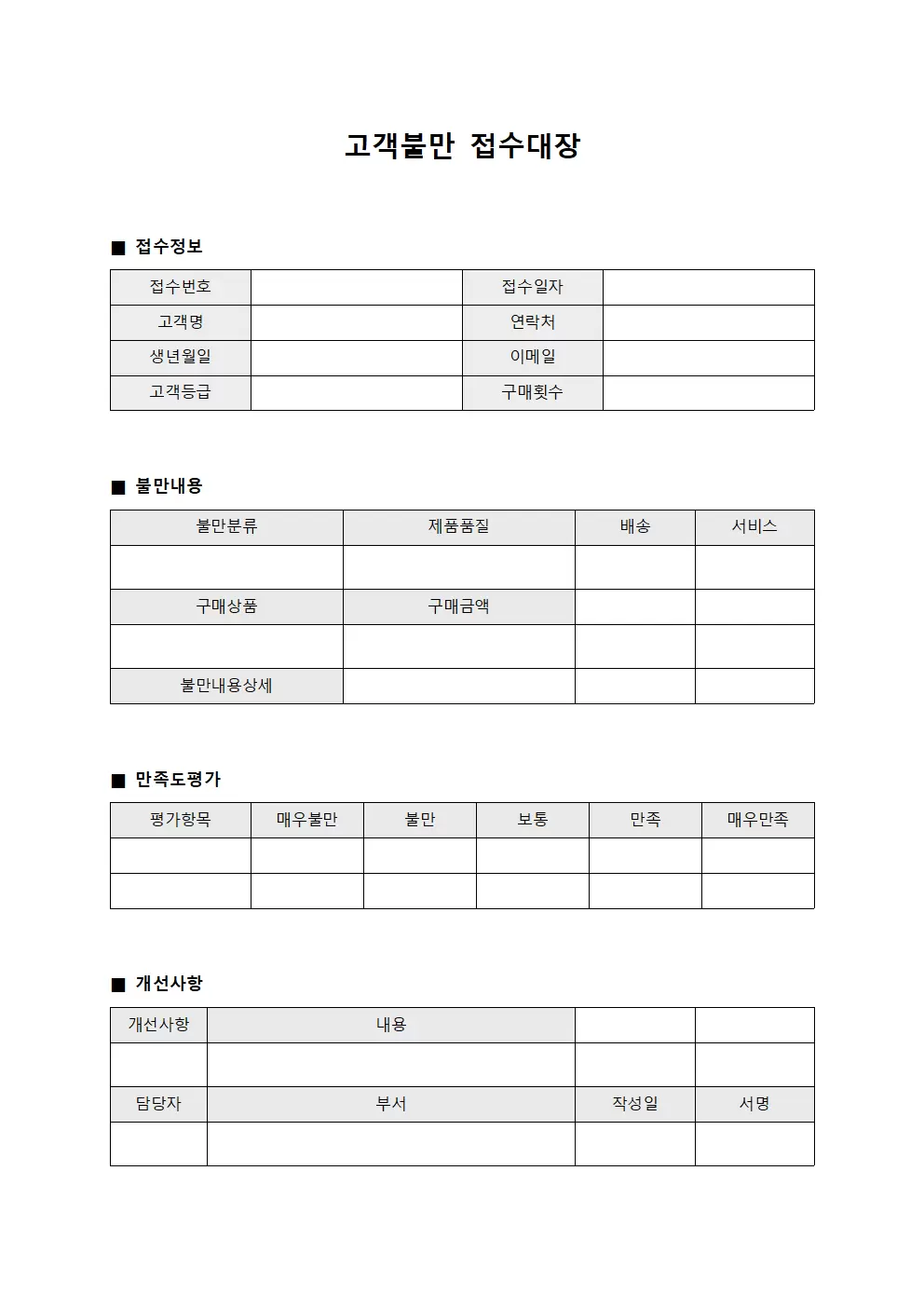 고객불만 접수대장 - 만족도 개선 관리