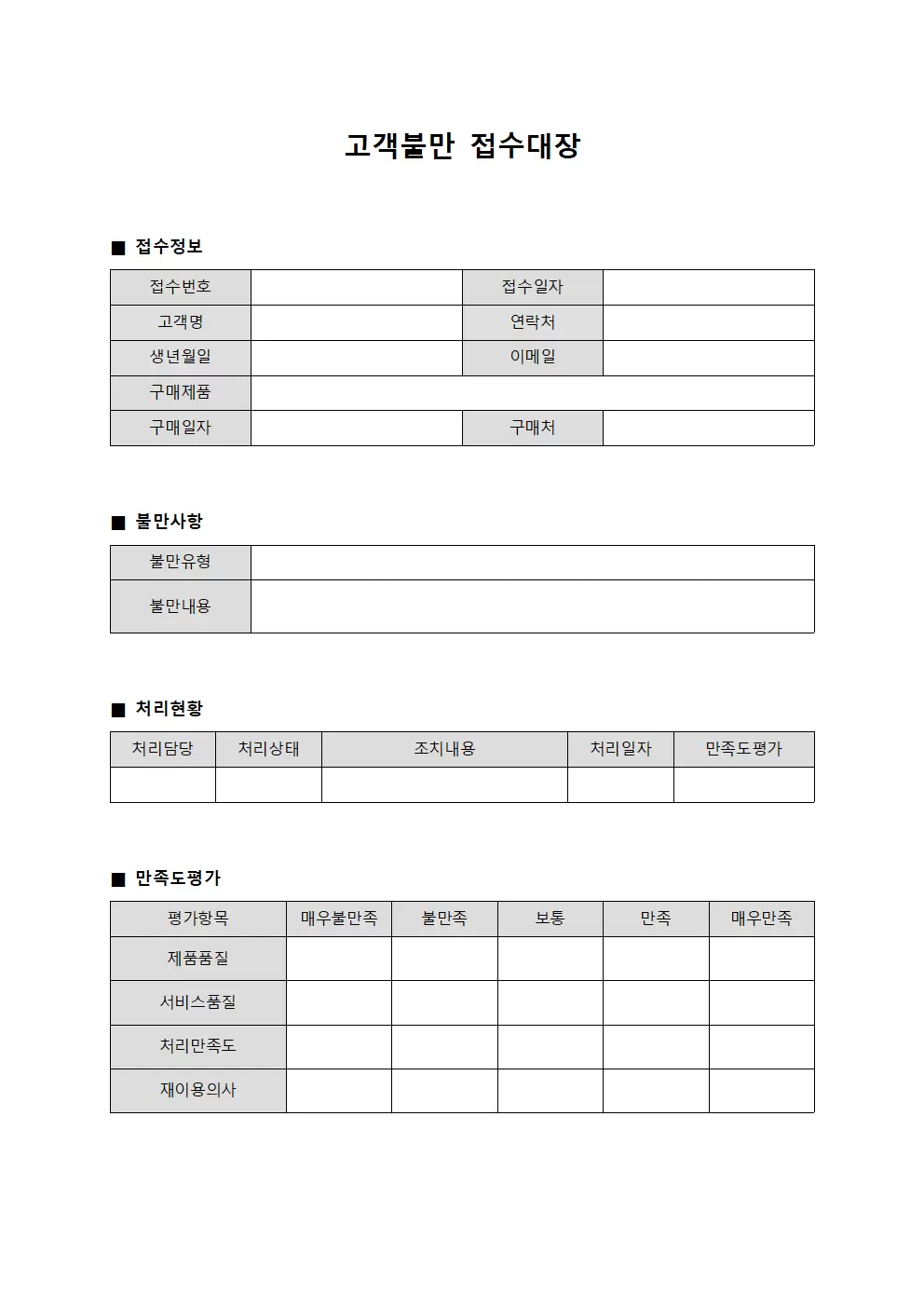 고객불만 접수대장 - 만족도 관리 현황