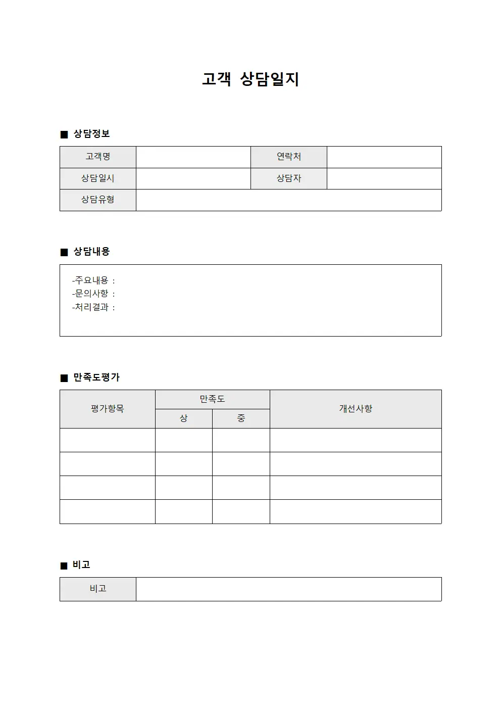 고객 상담일지 - 만족도 관리 대장