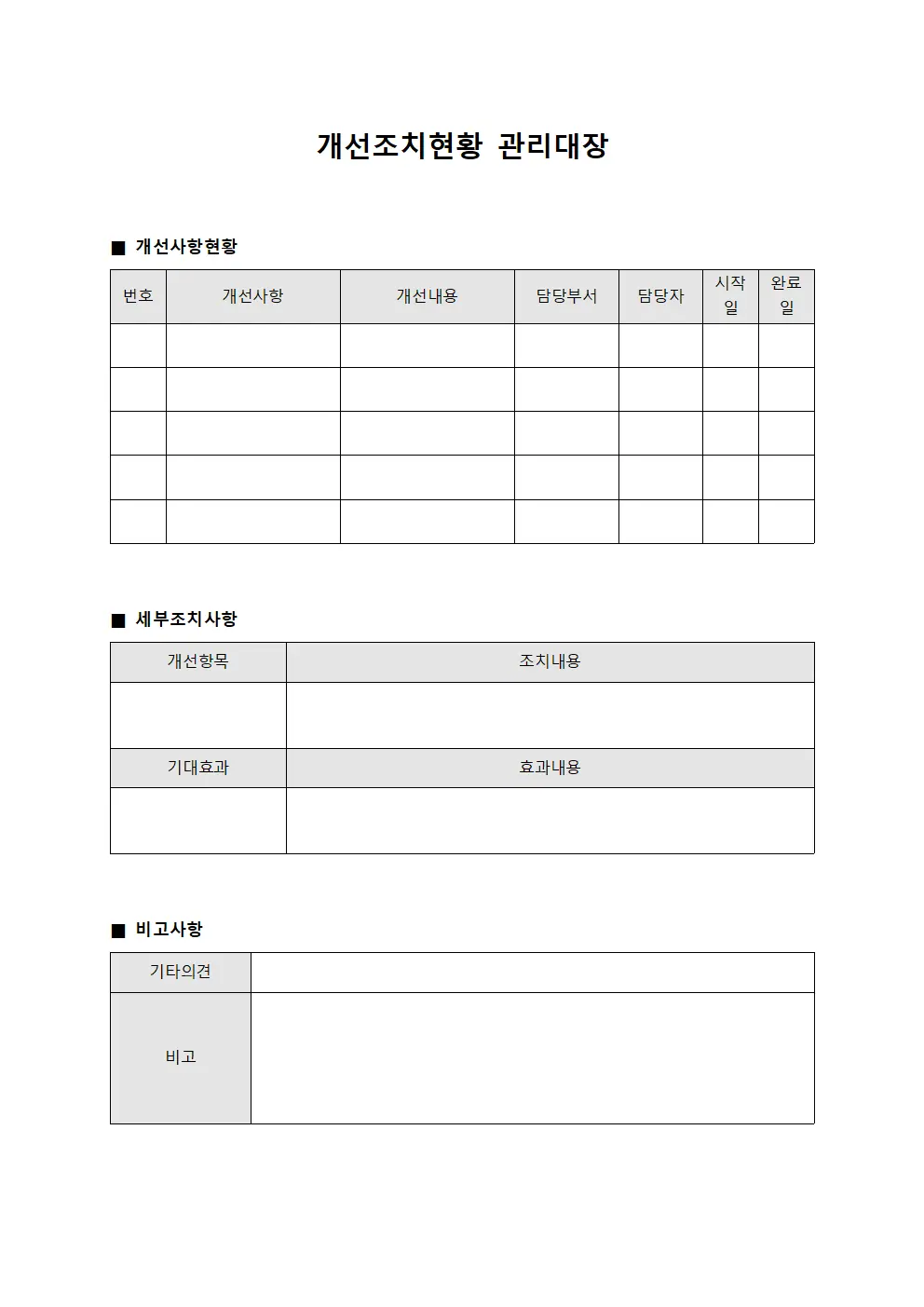개선조치현황 관리대장 문서서식
