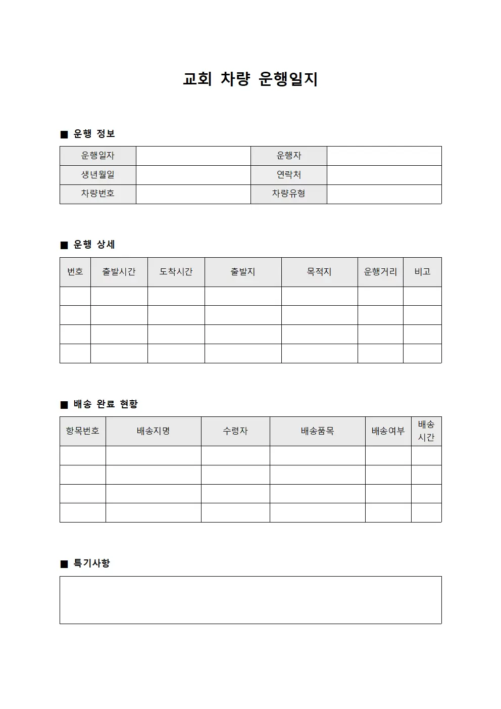 일일 차량 운행일지 배송완료현황