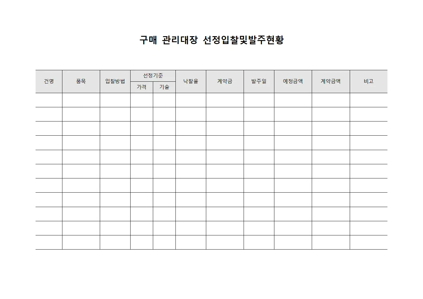 구매관리대장 선정입찰및발주현황 양식문서