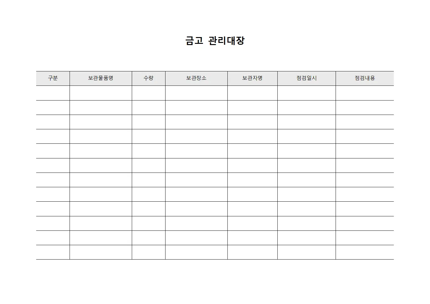 금고관리대장 (설비점검용품보관)