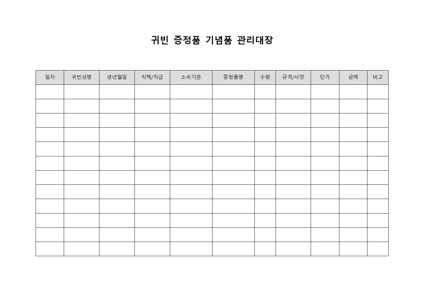 귀빈증정품 기념품관리대장
