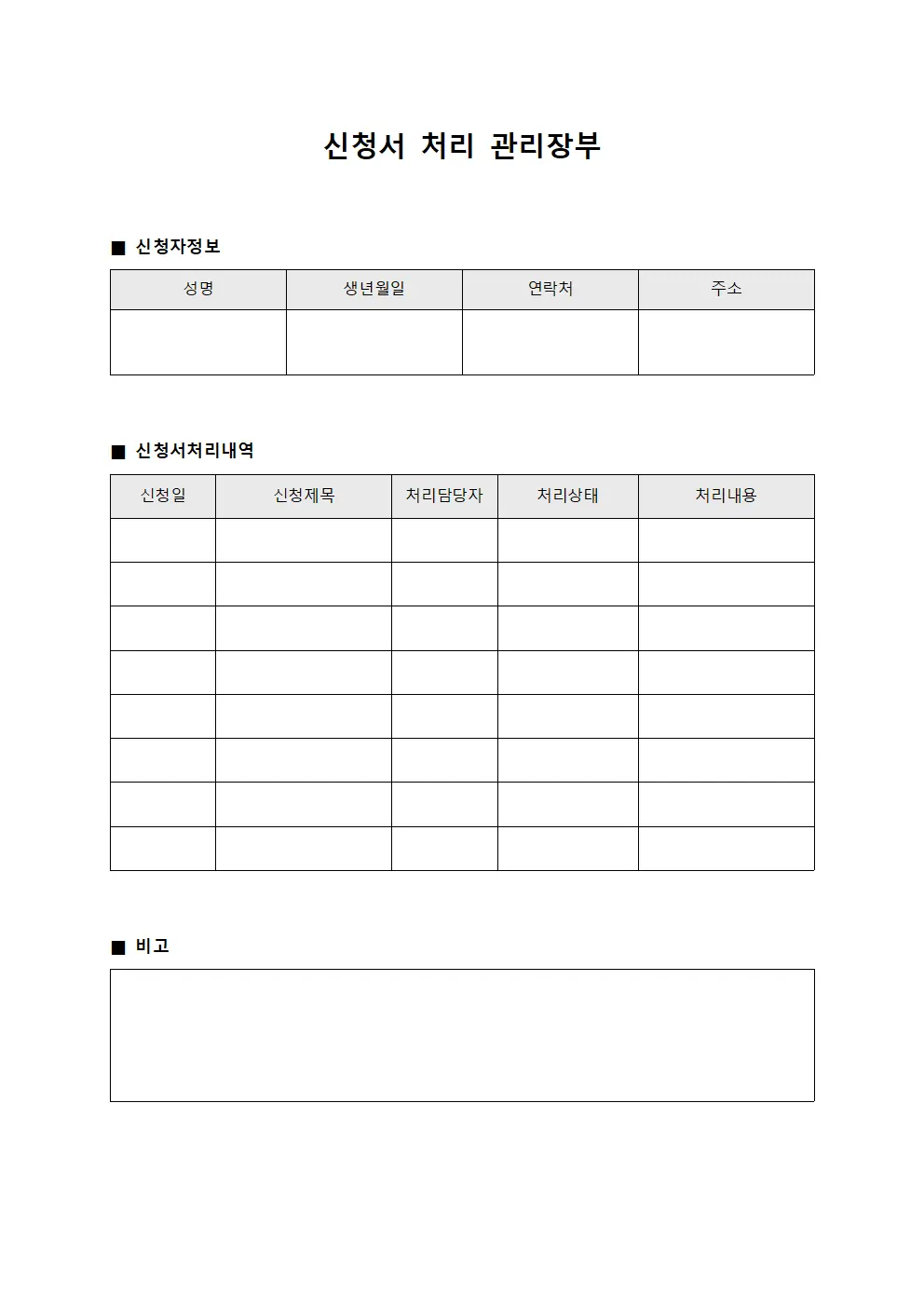 신청서 처리 관리장부
