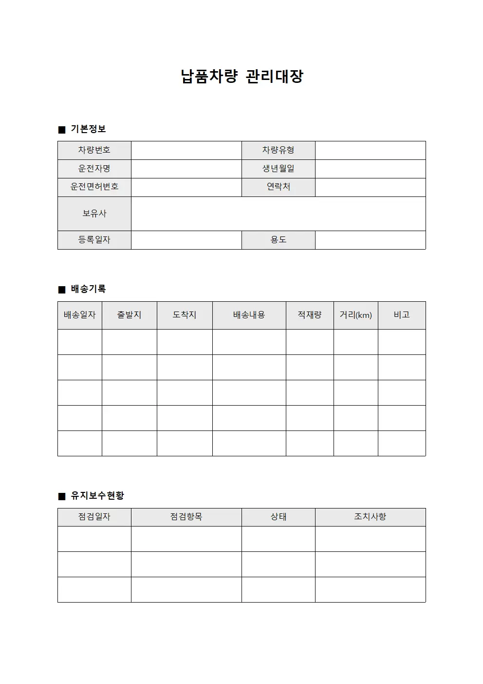 상품배송차량운용 납품차량관리대장