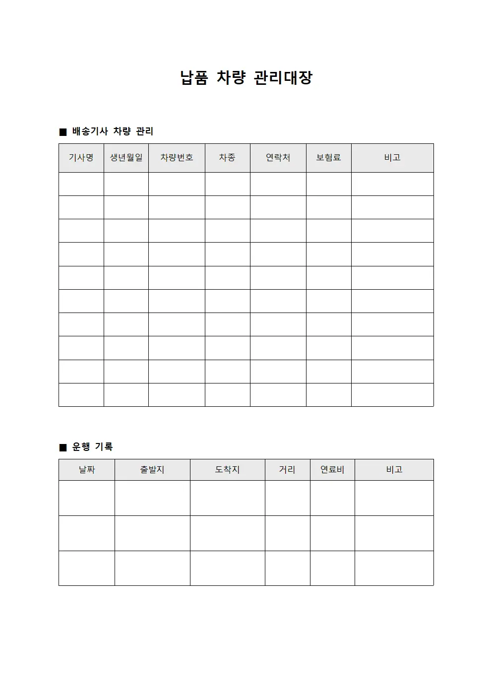 납품차량관리대장 (배송기사차량운용)