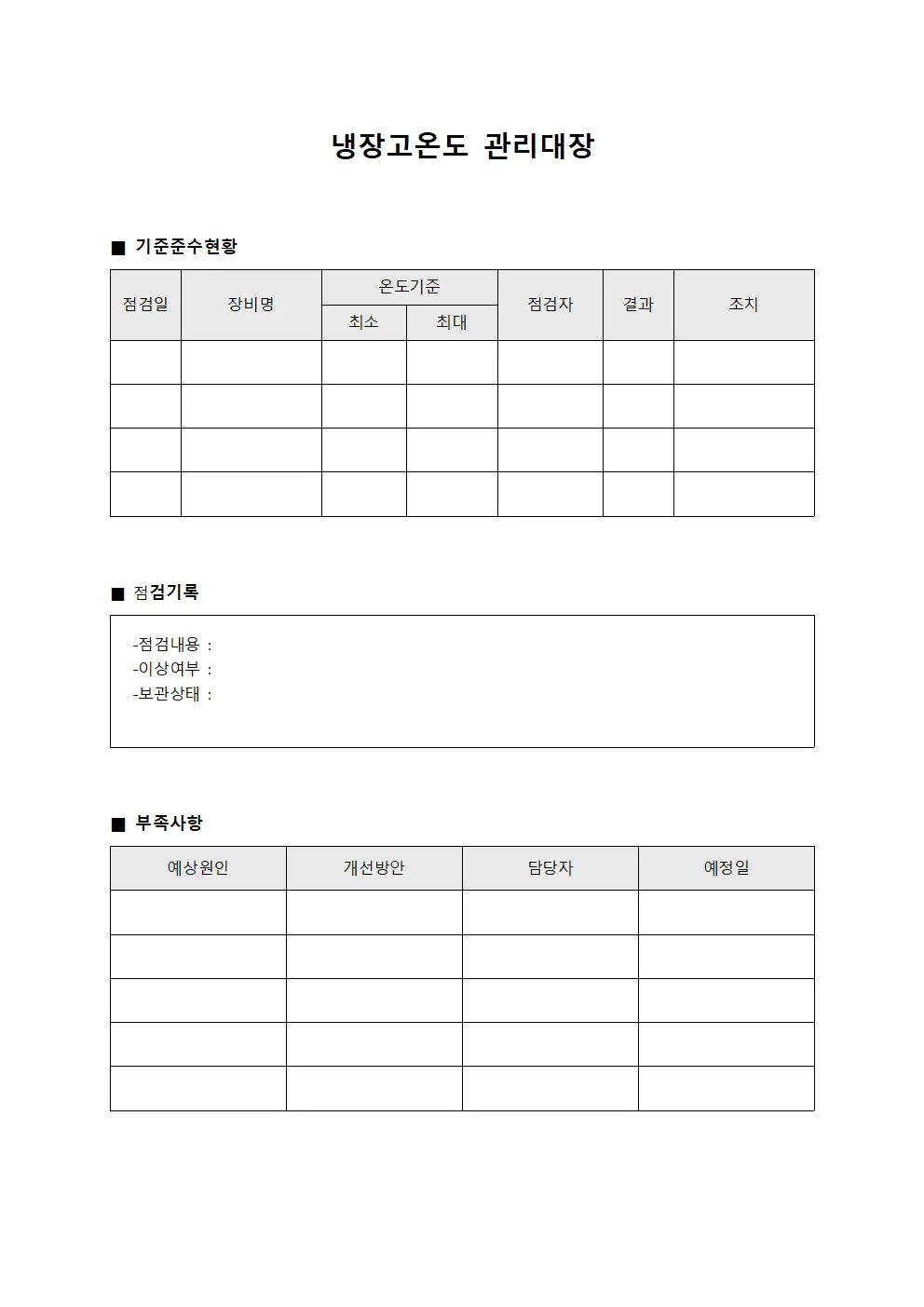 냉장고온도관리대장 기준준수현황