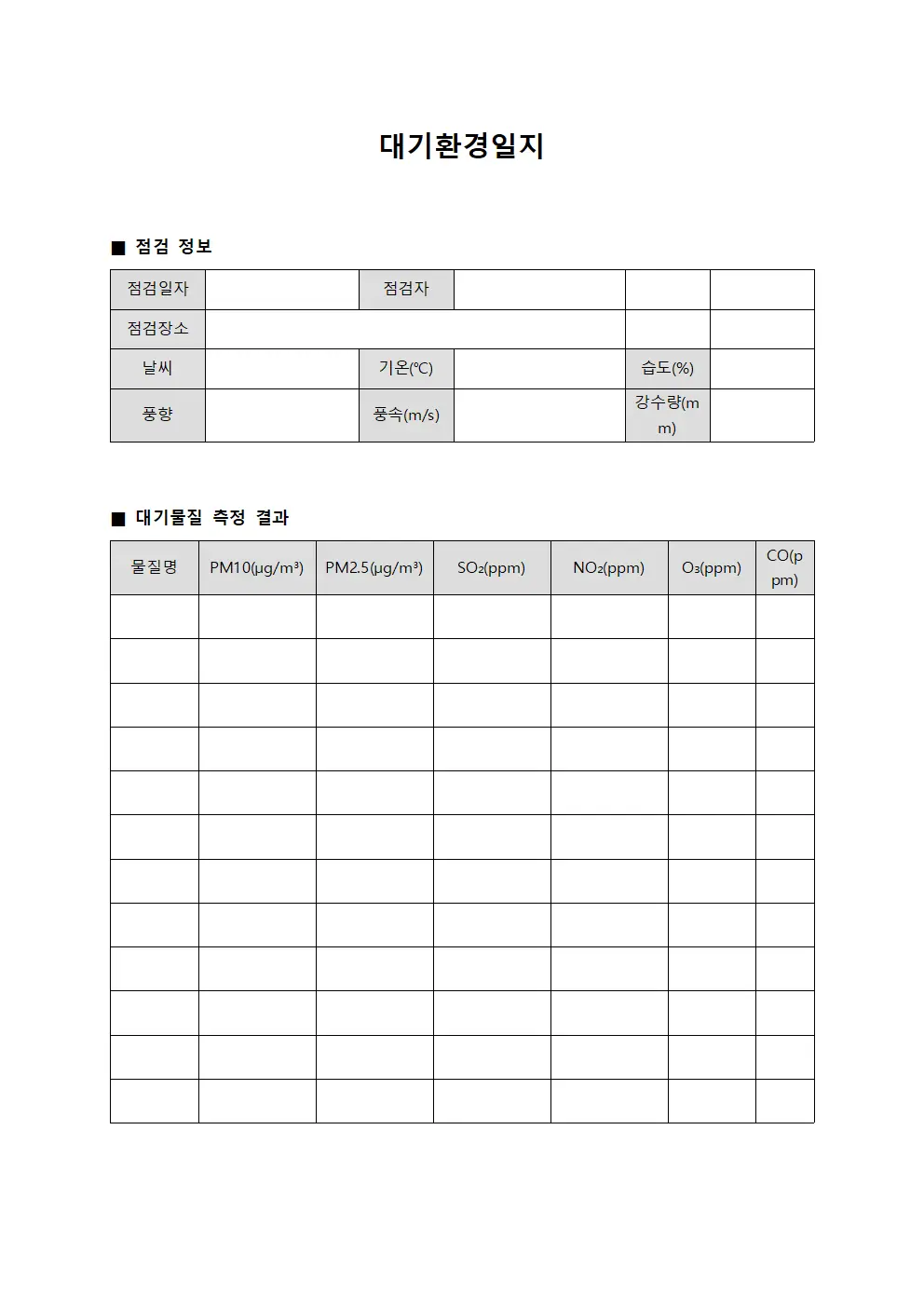 대기환경일지 - 물질 점검 현황