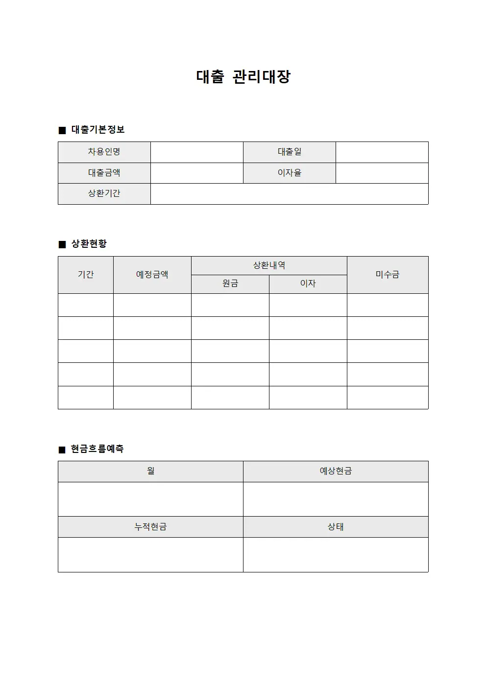 대출관리대장 (현금흐름예측)