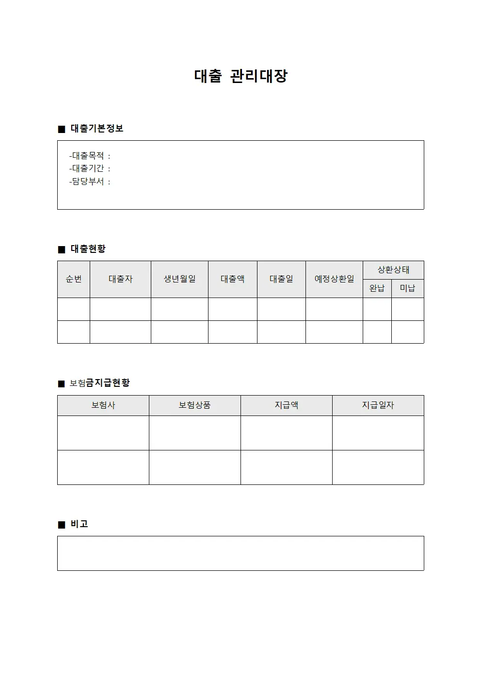 대출관리대장 (보험금지급현황)