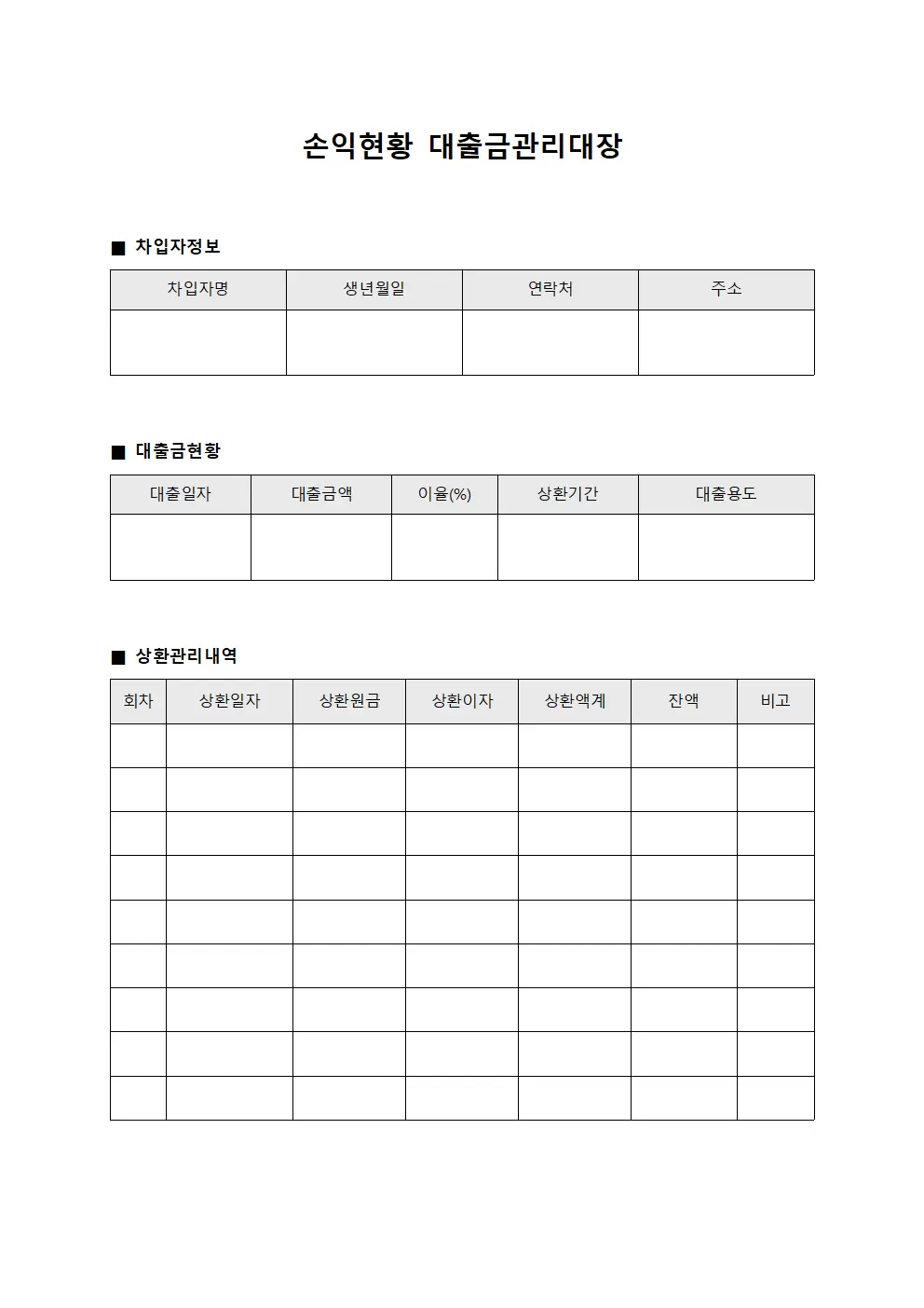손익현황 대출금관리대장