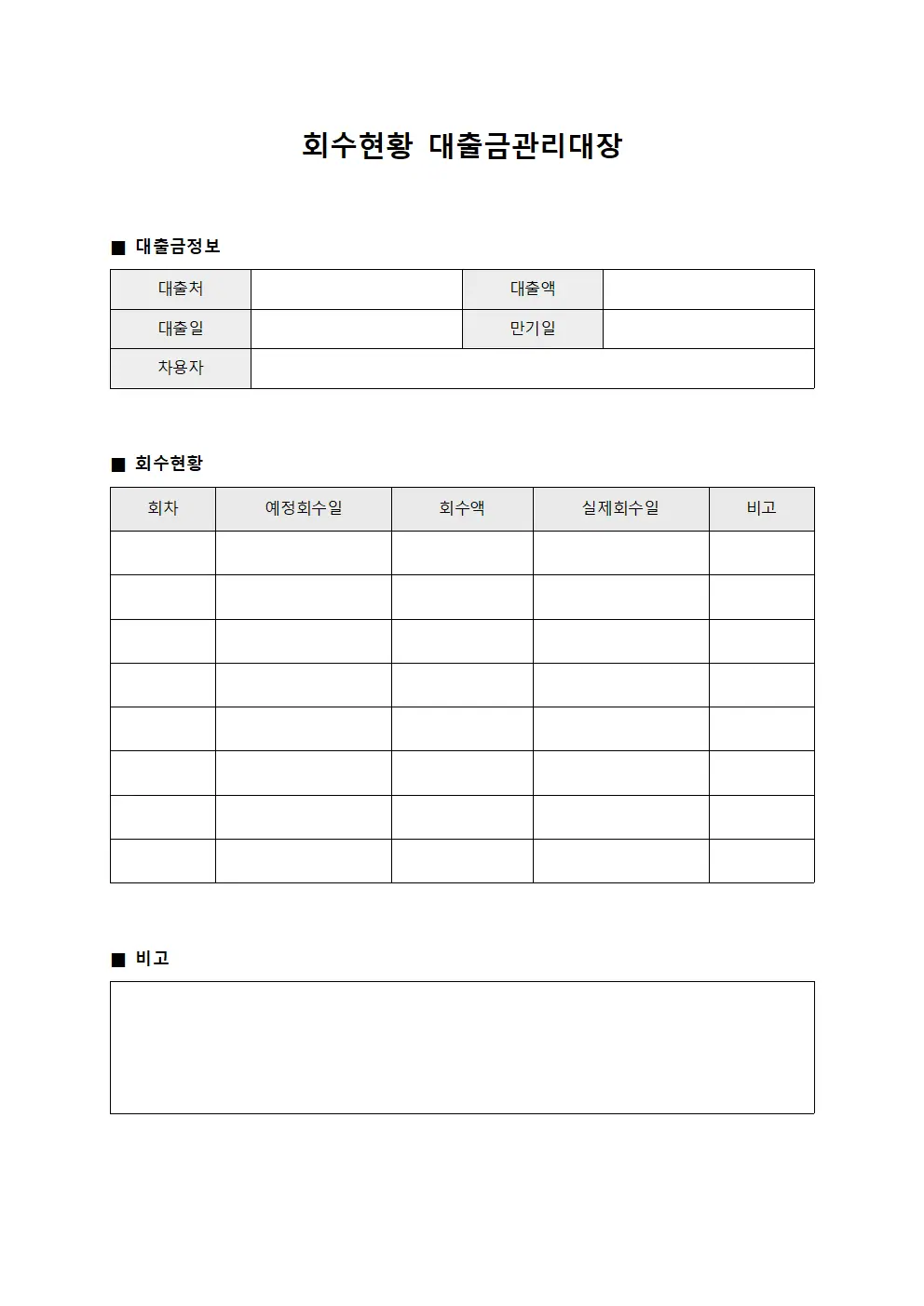 회수현황 대출금관리대장