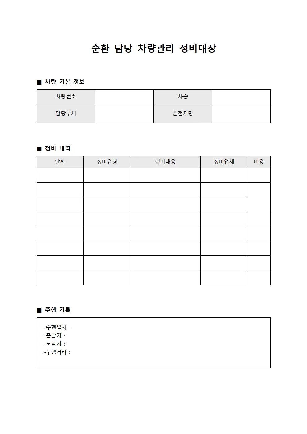순환담당 차량관리 정비대장