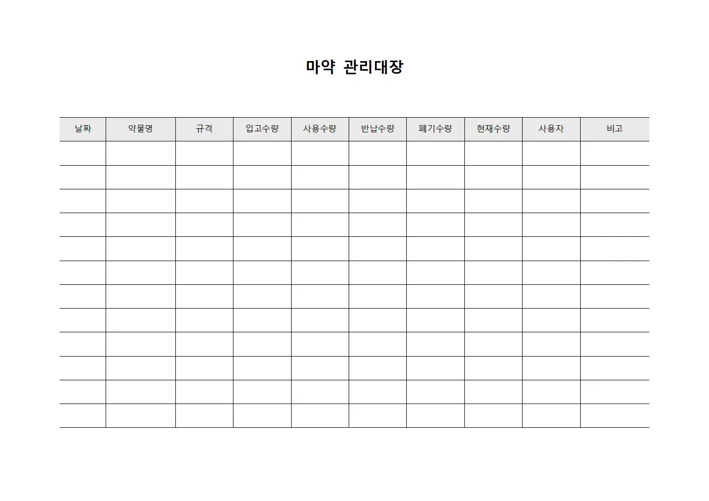 마취약물 마약관리대장 현황 문서양식