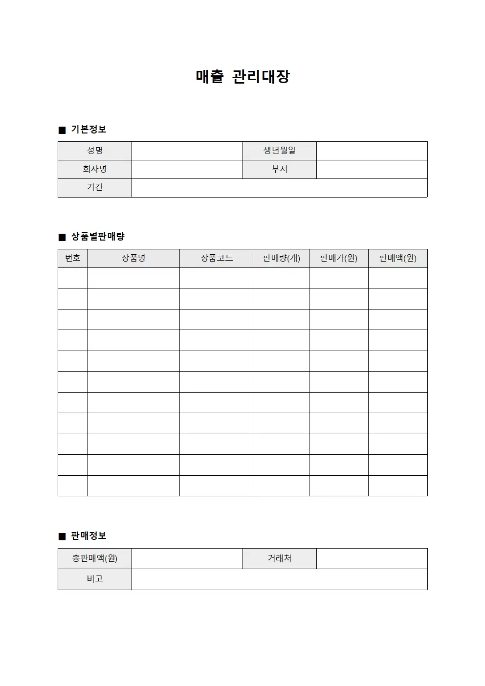 매출관리대장 - 상품별판매량