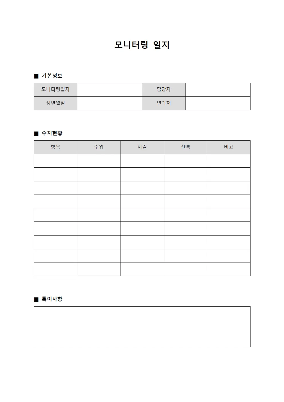 모니터링일지 - 수지현황