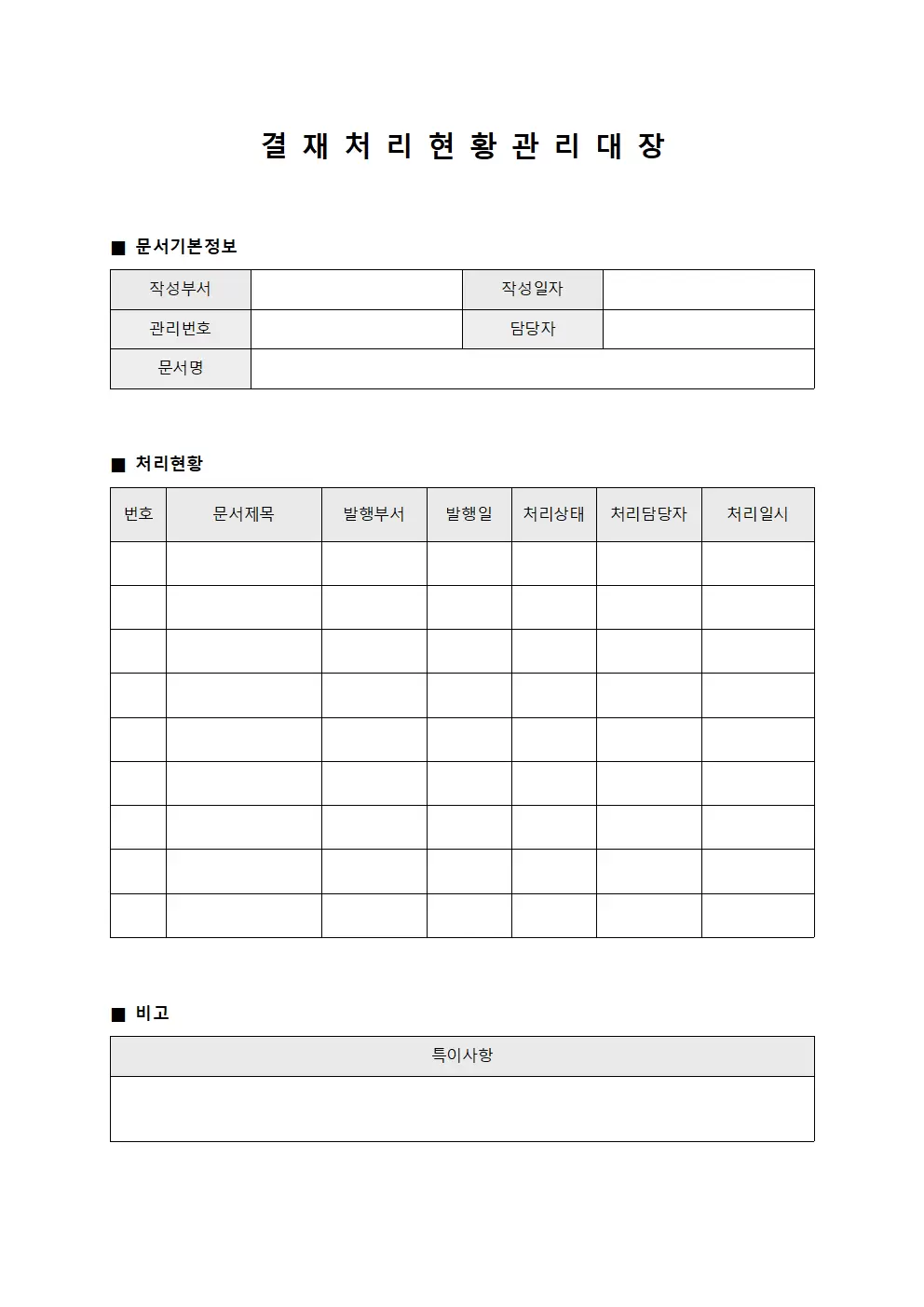 결재 처리 현황 관리대장 서식문서