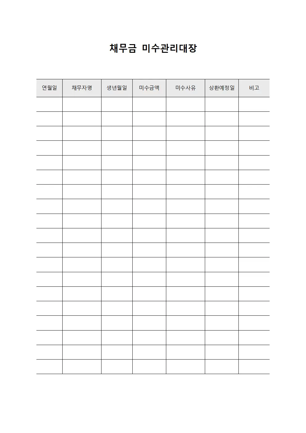채무금 미수관리대장 템플릿