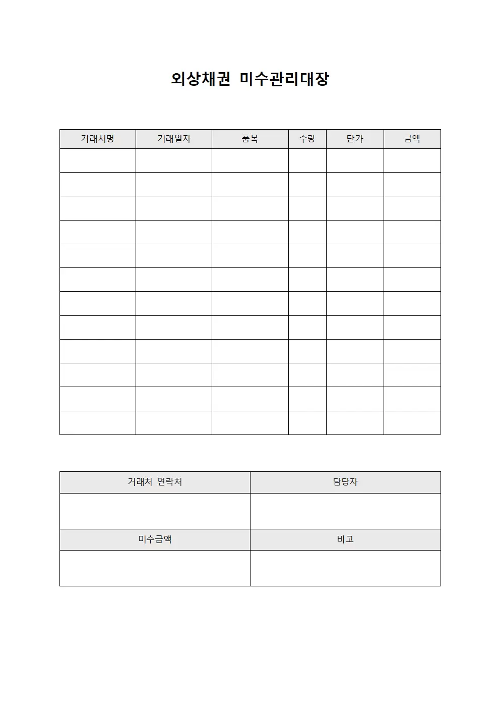 외상채권 미수관리대장