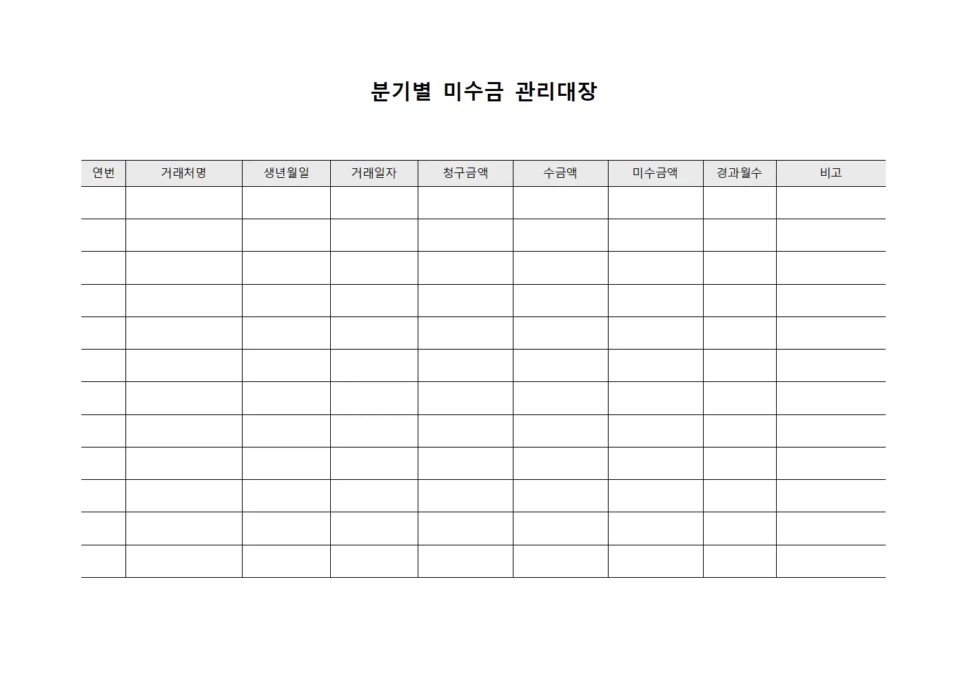 분기별미결제액 미수금관리대장 문서양식