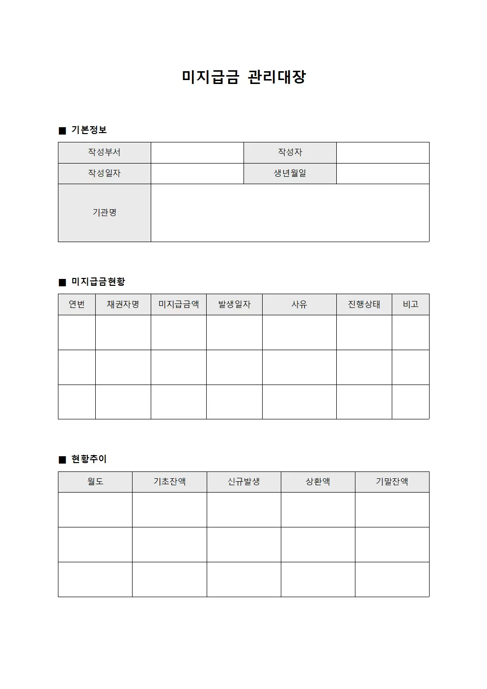 미지급금관리대장 결제현황추이표
