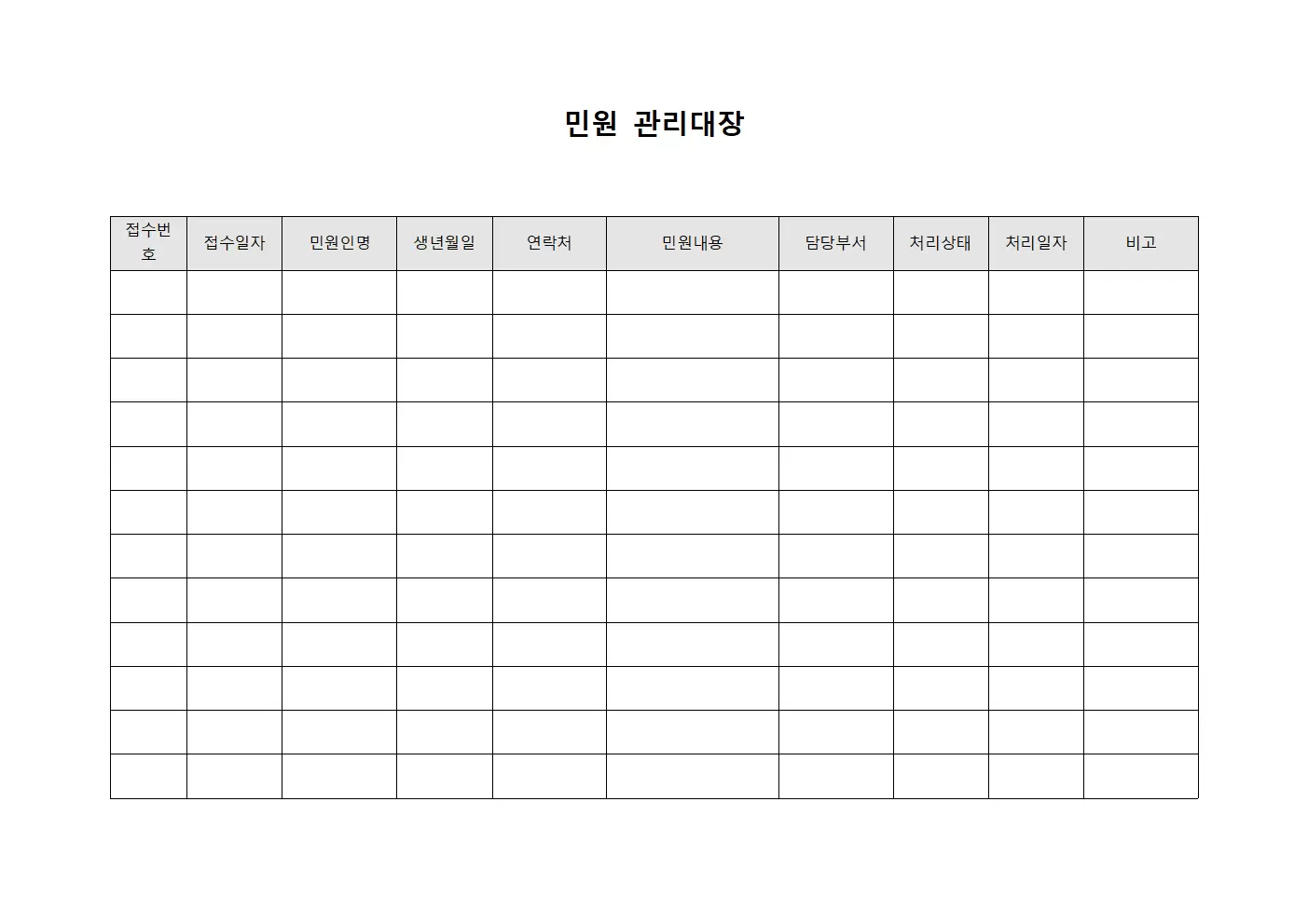 고객문의사항 민원관리대장