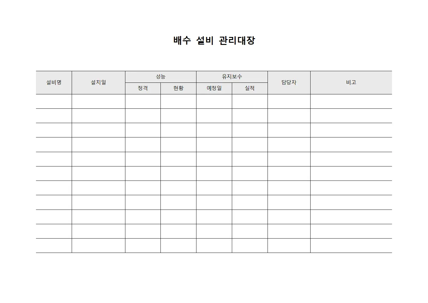 배수설비 유지보수 계획 및 실적 관리대장