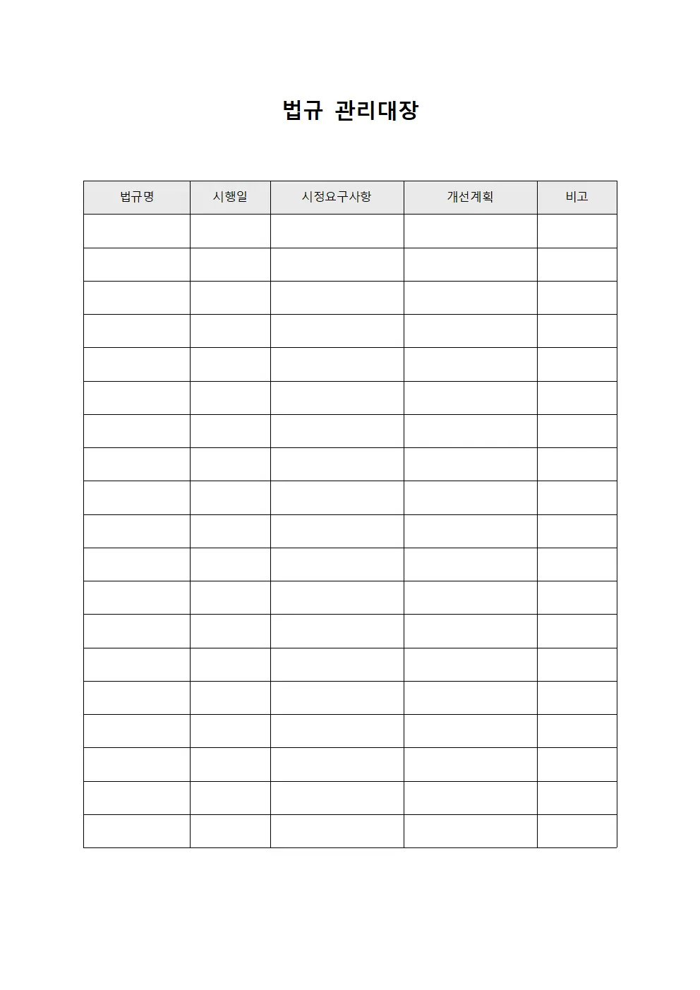 지적사항조치 법규관리대장 템플릿 양식