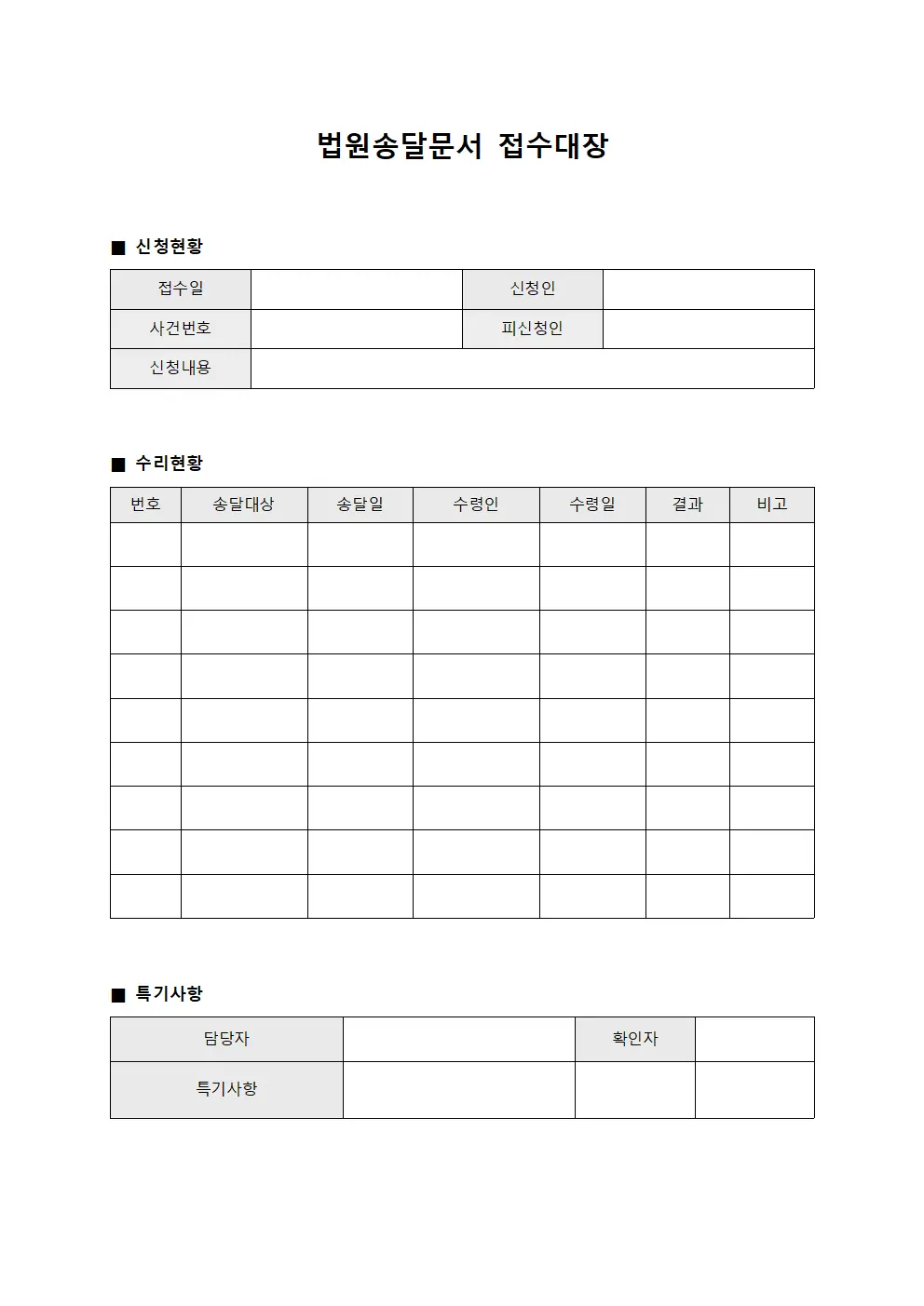 법원송달문서접수대장 - 신청및수리현황