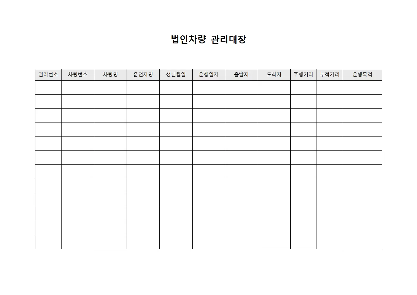 배송거리누적 법인차량관리대장