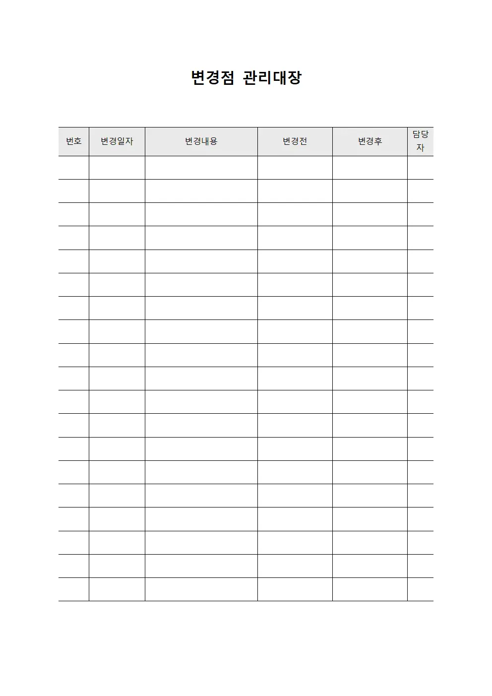 보존기한변경 변경점관리대장 양식