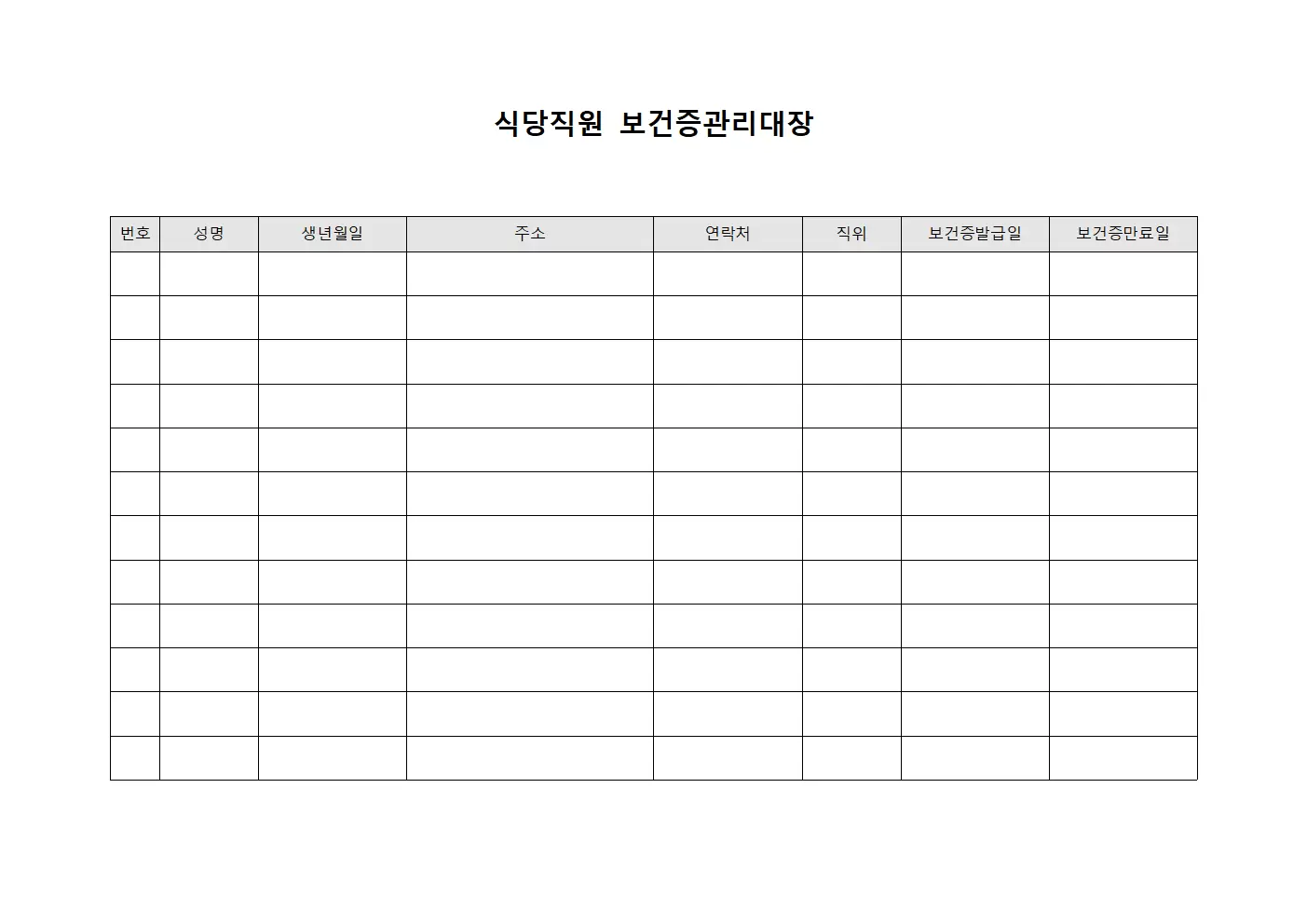 식당직원 보건증관리대장