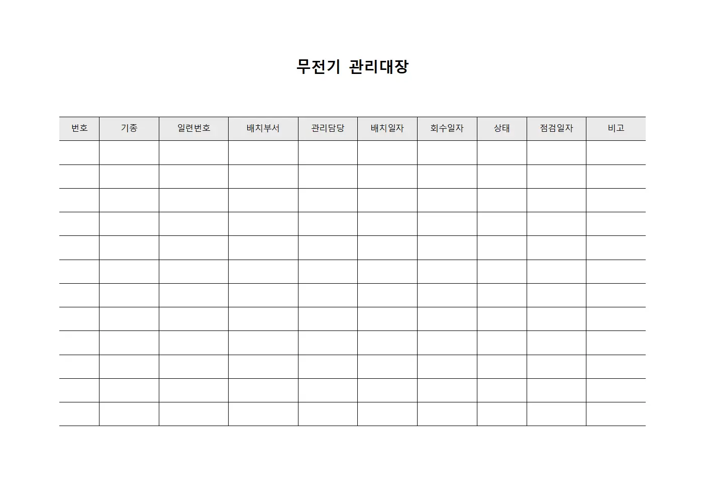 매장통제실통신기구 무전기관리대장